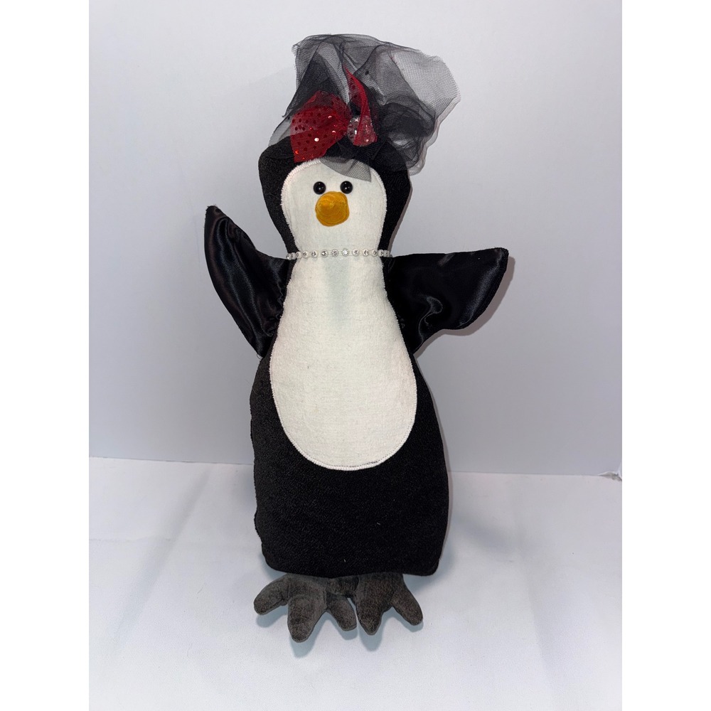 Woof & Poof 2005 Musical Penguin Plush Black White Red Bow 17.5" Vintage Decor
